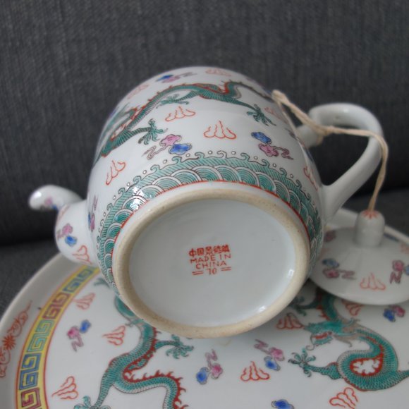 Ceramic Dragon Design Tea Pot (1),  Tea Cups (4) and Tray/Plate (1) - Picture 10 of 16